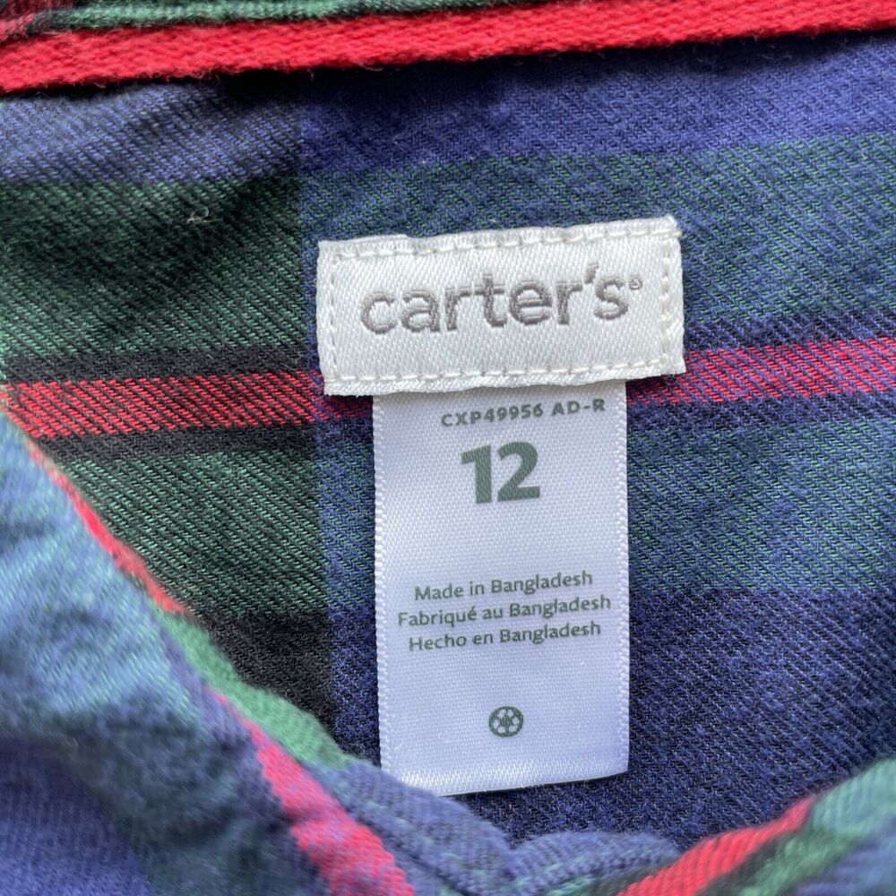 Carter's Boys Size 12 Button Up Plaid Shirt Navy Blue Green Long Sleeve Pockets - Picture 3 of 8